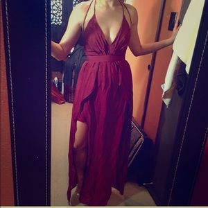 Plunging neck red dress